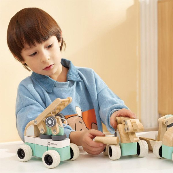 Cartoon Movable Wooden Engineer Car Toys